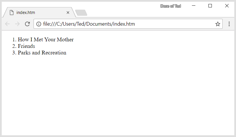 A screenshot of my HTML document, with my favorite shows