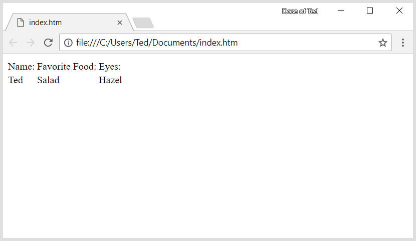 A screenshot of my HTML document, with table of not-related, random data