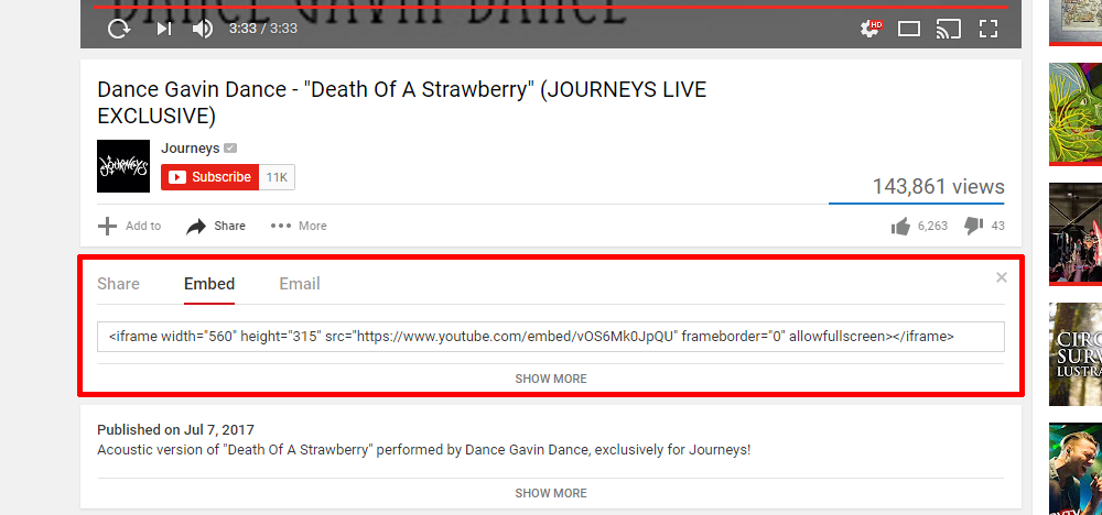 A screenshot of the HTML needed to embed YouTube video on webpage from YouTube's website
