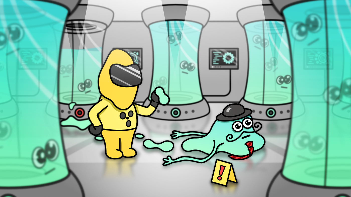 A cartoon man in hazmat suit and a goo creature with bowler hat, mustache, and tie